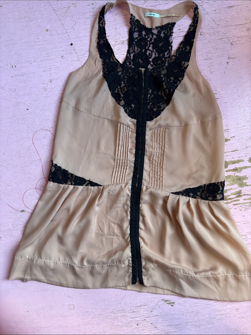 Kimchi Blue Blush Pink Mini Dress with Black Lace Trim - Picture 3 of 5